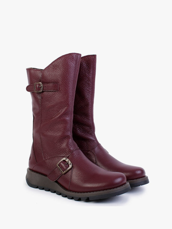 Mes Burgundy Pebbled Leather Low Wedge Calf Boots