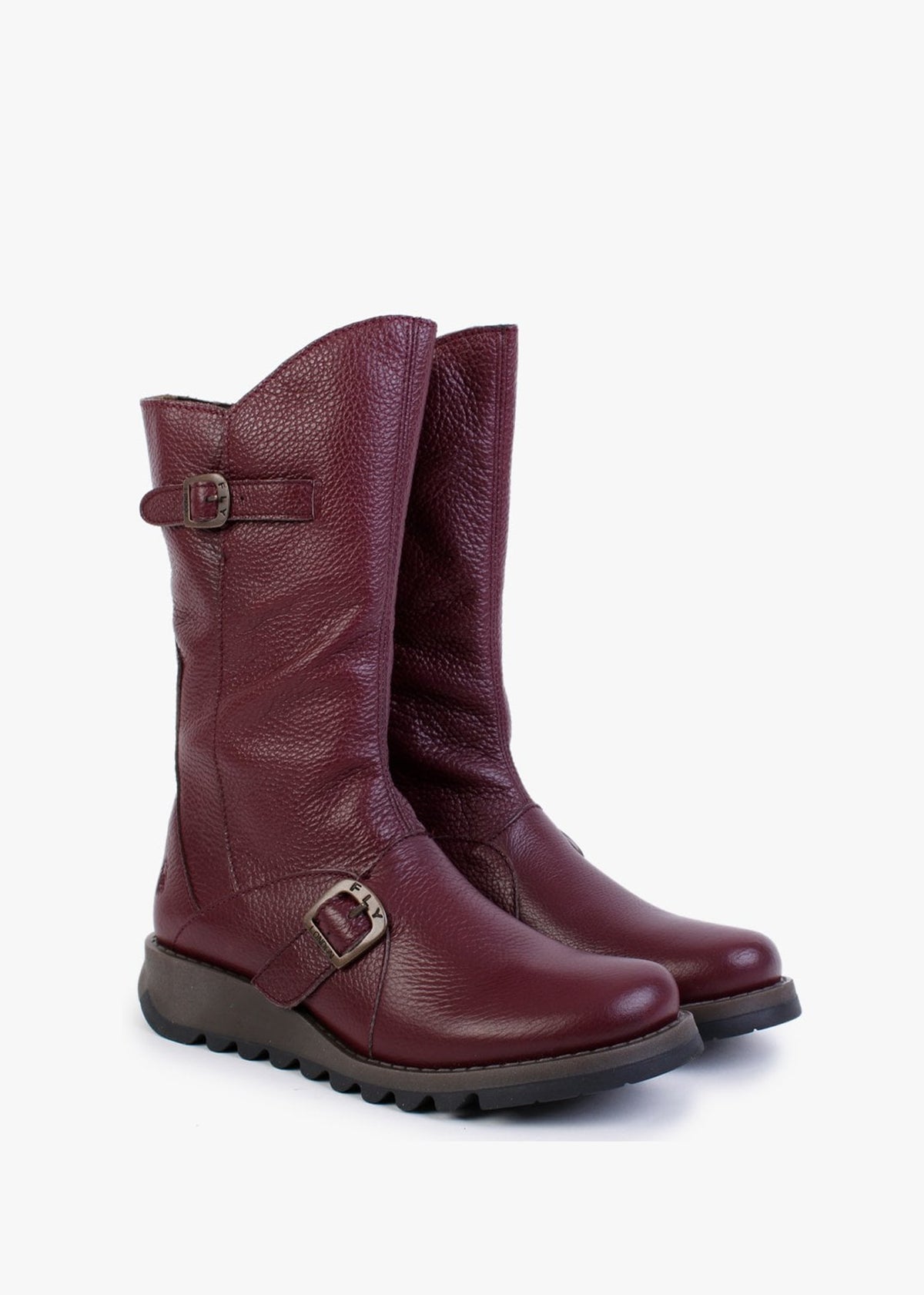 Mes Burgundy Pebbled Leather Low Wedge Calf Boots