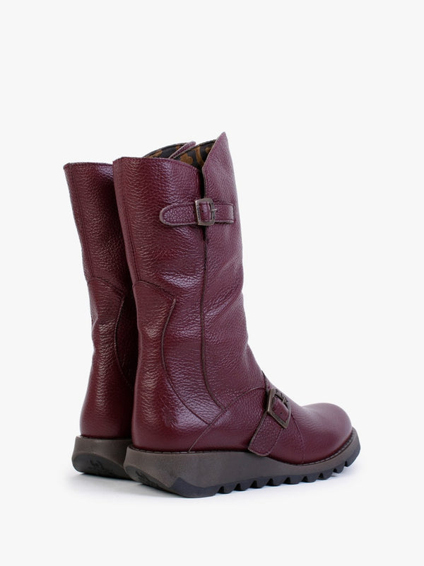 Mes Burgundy Pebbled Leather Low Wedge Calf Boots