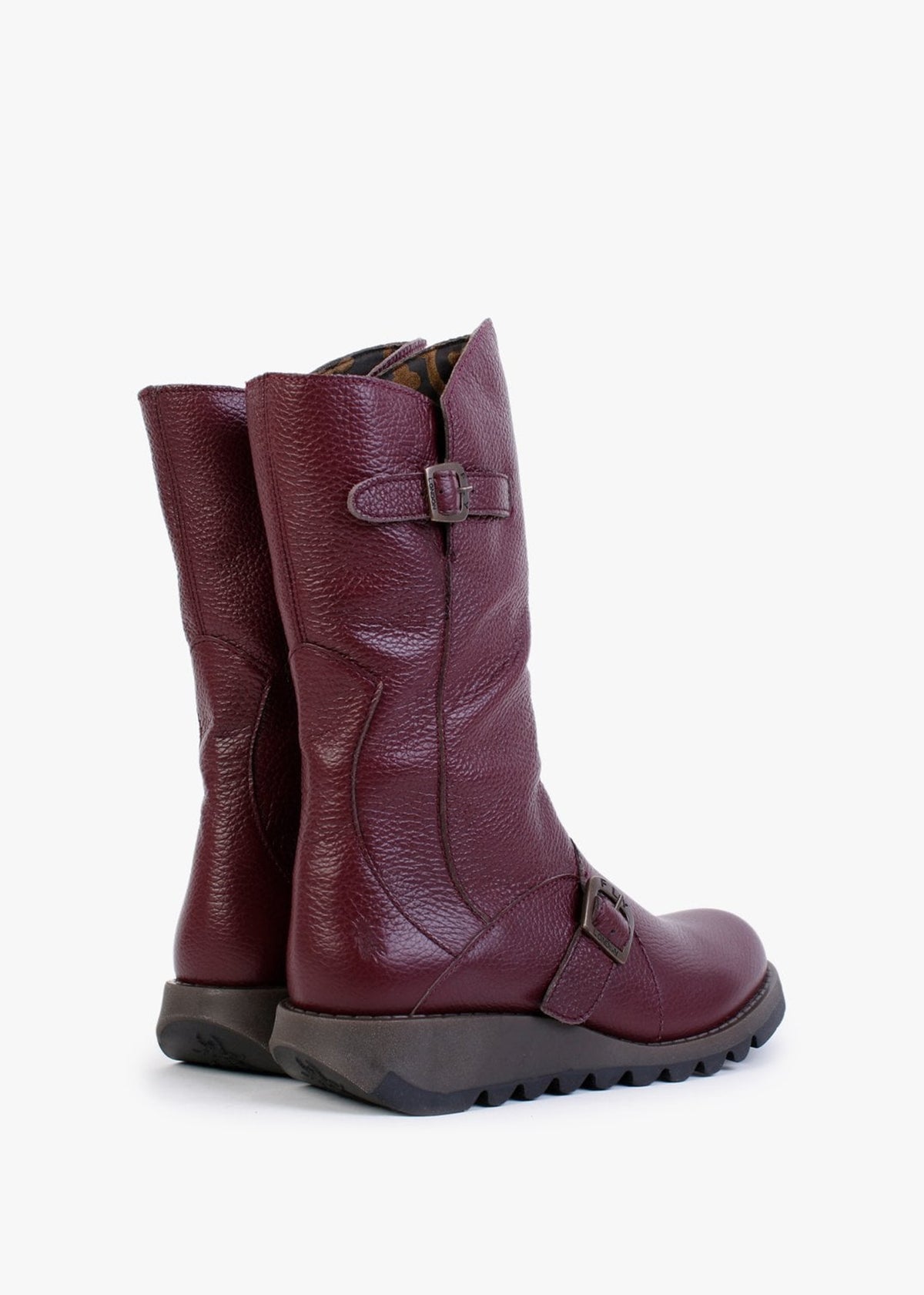 Mes Burgundy Pebbled Leather Low Wedge Calf Boots