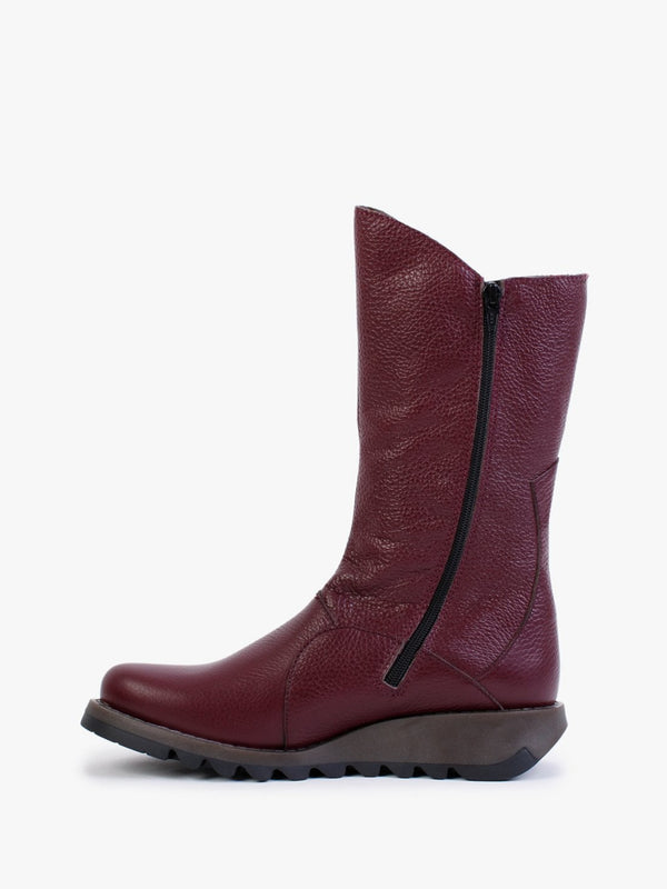 Mes Burgundy Pebbled Leather Low Wedge Calf Boots