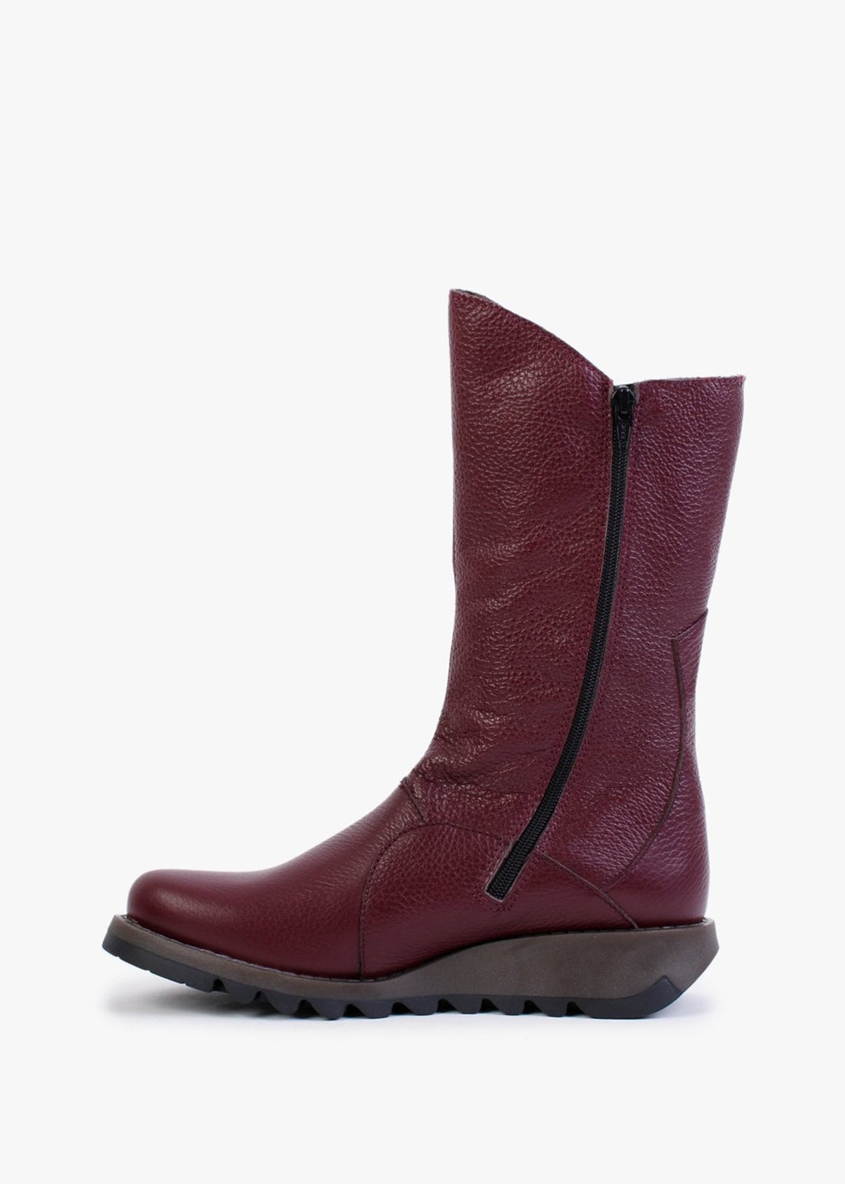 Mes Burgundy Pebbled Leather Low Wedge Calf Boots