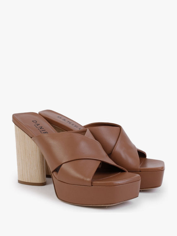 Toffee Tan Leather Cross Strap Platform Heeled Mules