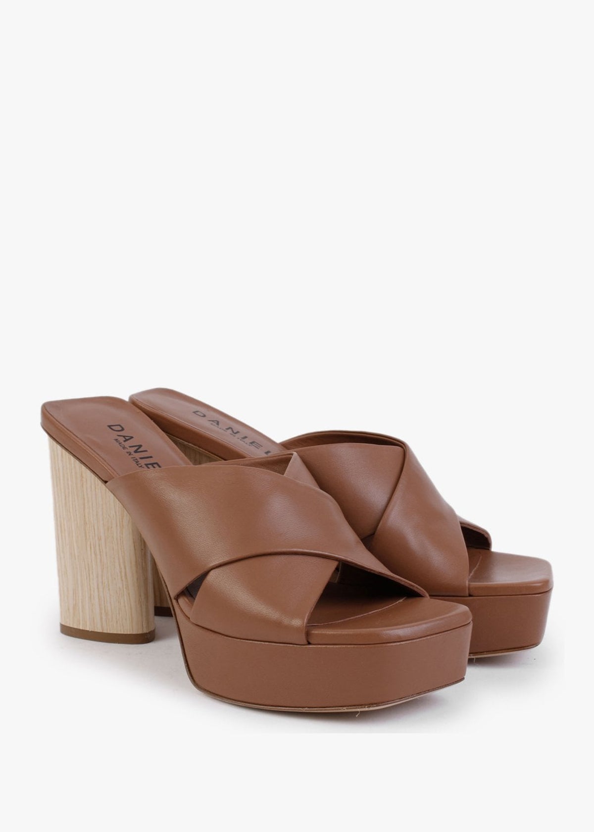 Toffee Tan Leather Cross Strap Platform Heeled Mules