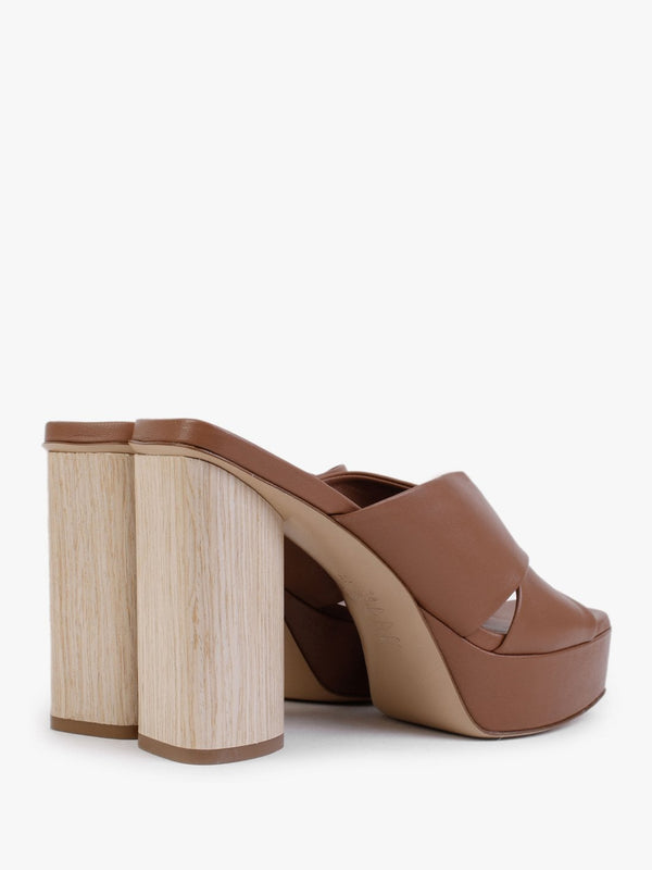 Toffee Tan Leather Cross Strap Platform Heeled Mules