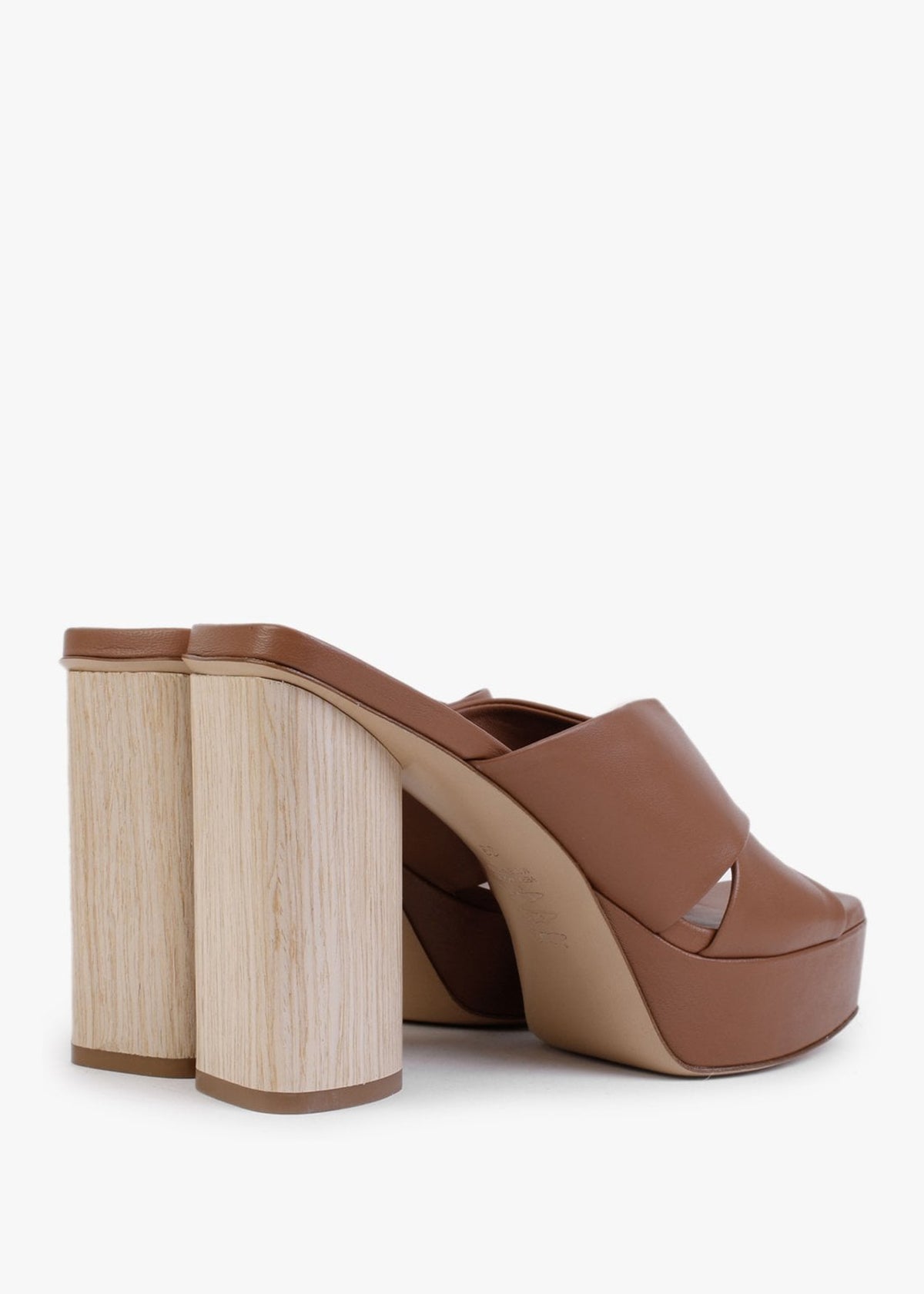 Toffee Tan Leather Cross Strap Platform Heeled Mules