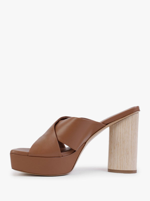 Toffee Tan Leather Cross Strap Platform Heeled Mules