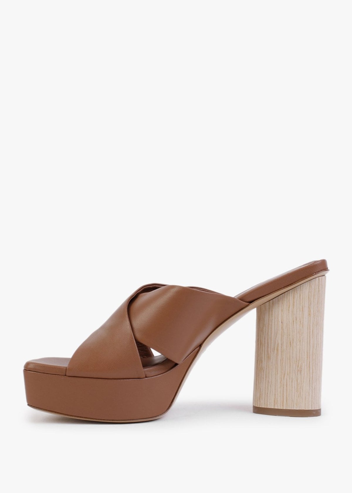 Toffee Tan Leather Cross Strap Platform Heeled Mules