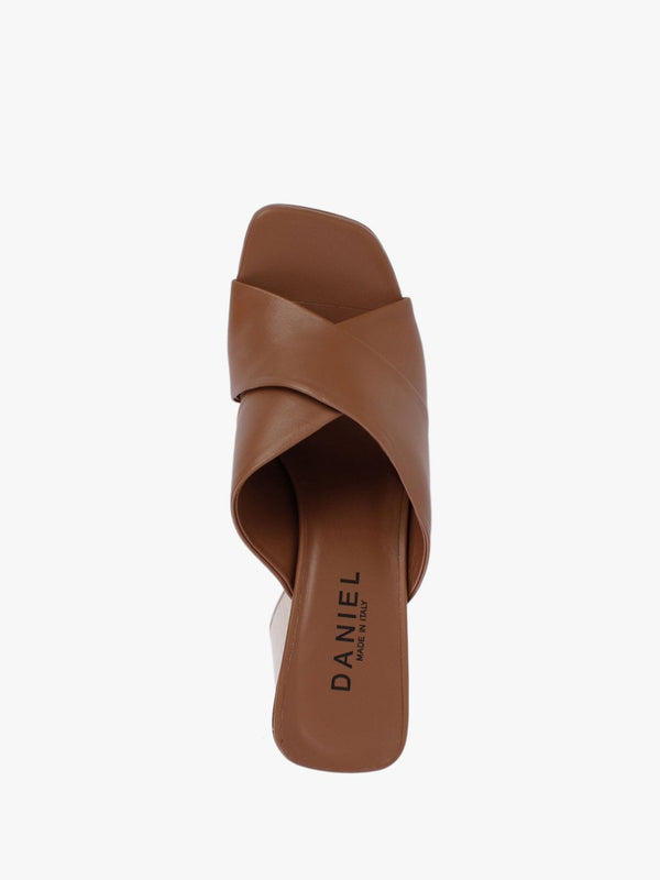 Toffee Tan Leather Cross Strap Platform Heeled Mules