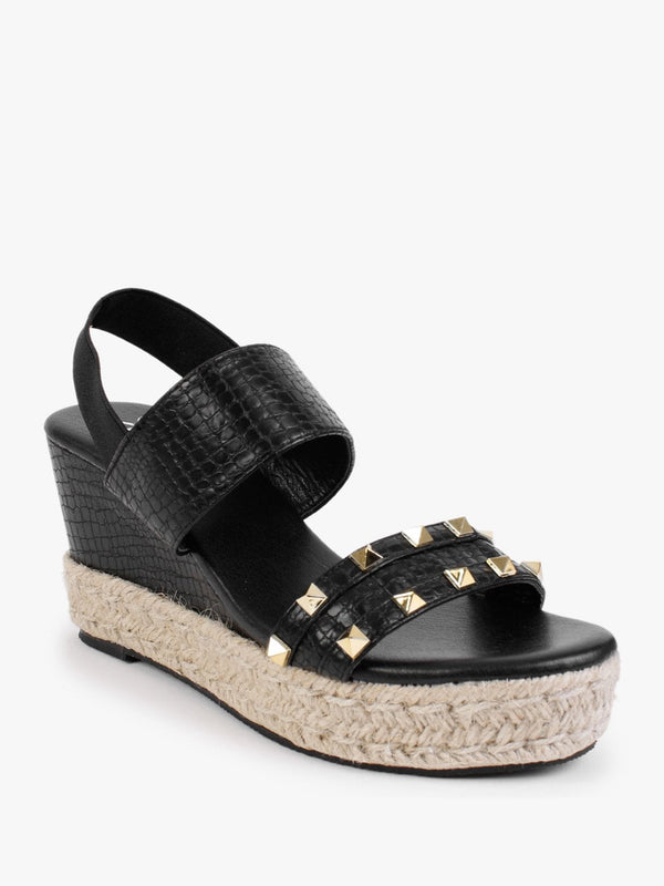 Cubedge Black Reptile Studded Wedge Sandals