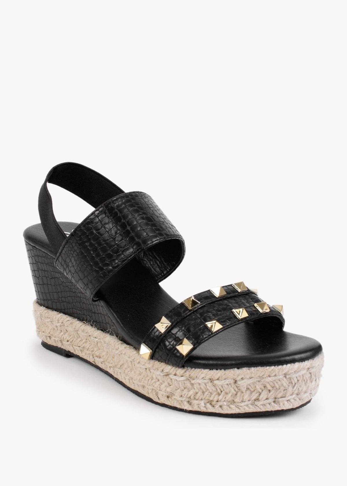 Cubedge Black Reptile Studded Wedge Sandals