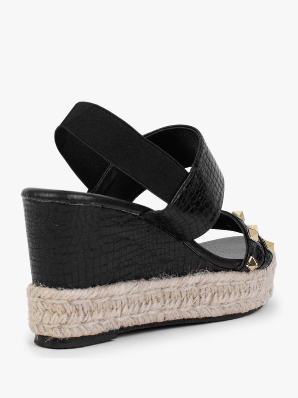 Cubedge Black Reptile Studded Wedge Sandals