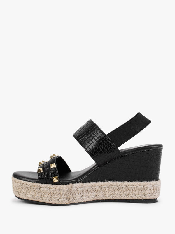Cubedge Black Reptile Studded Wedge Sandals