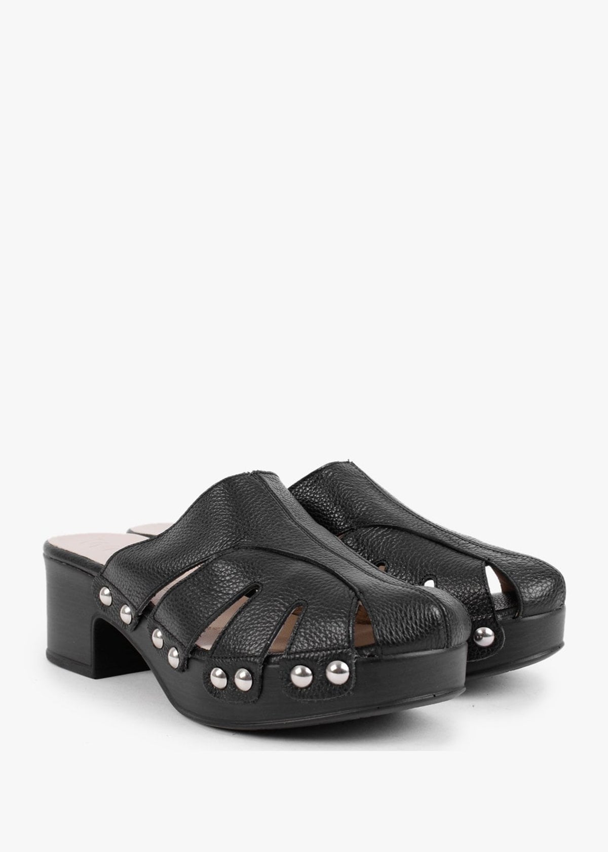 Tonic Black Leather Cutaway Heeled Mules
