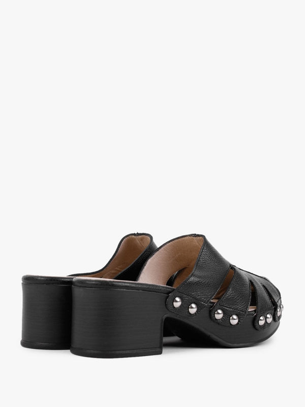 Tonic Black Leather Cutaway Heeled Mules