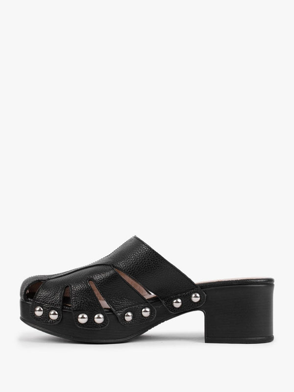 Tonic Black Leather Cutaway Heeled Mules