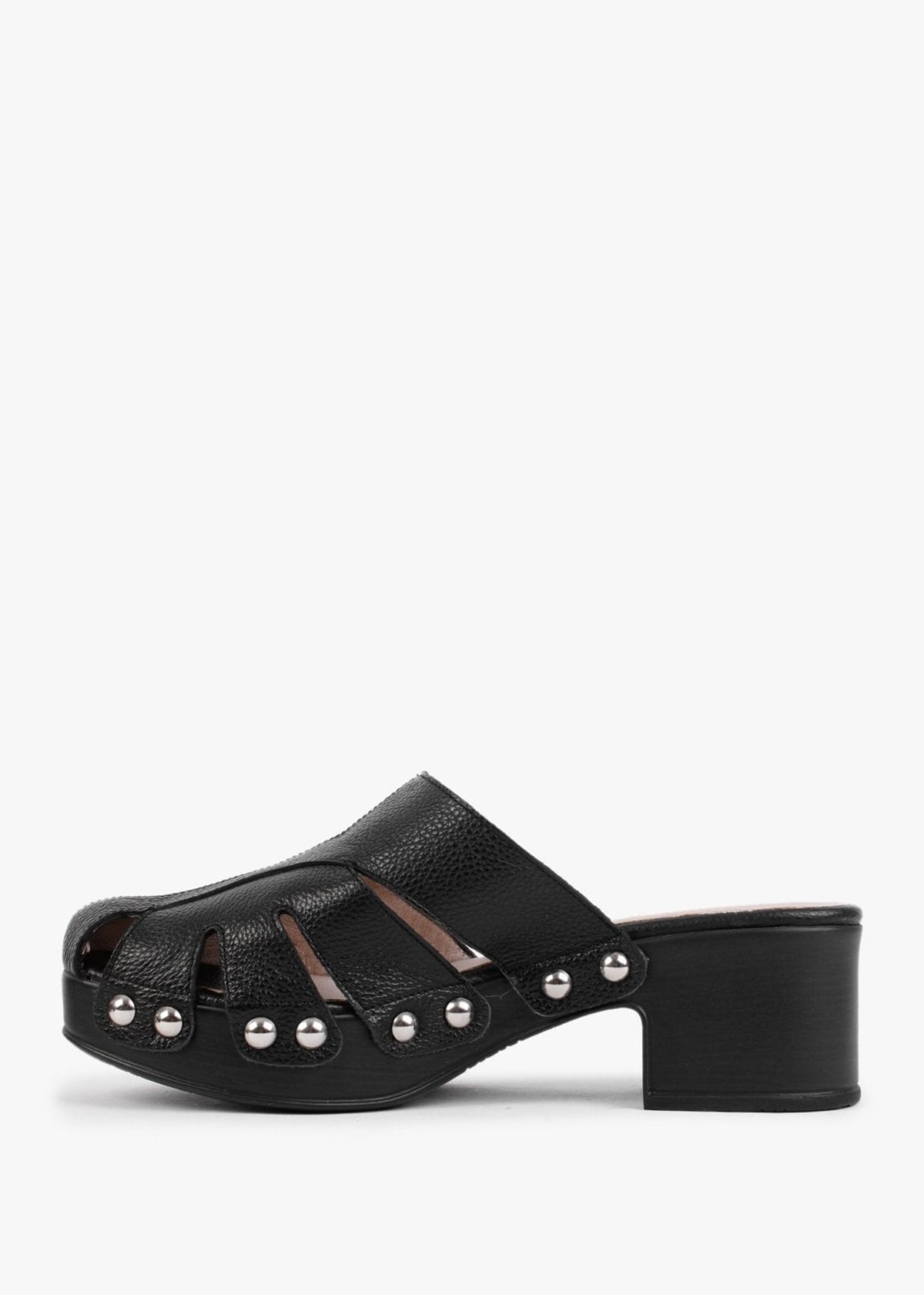 Tonic Black Leather Cutaway Heeled Mules