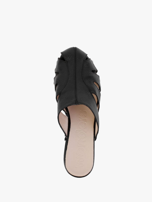 Tonic Black Leather Cutaway Heeled Mules
