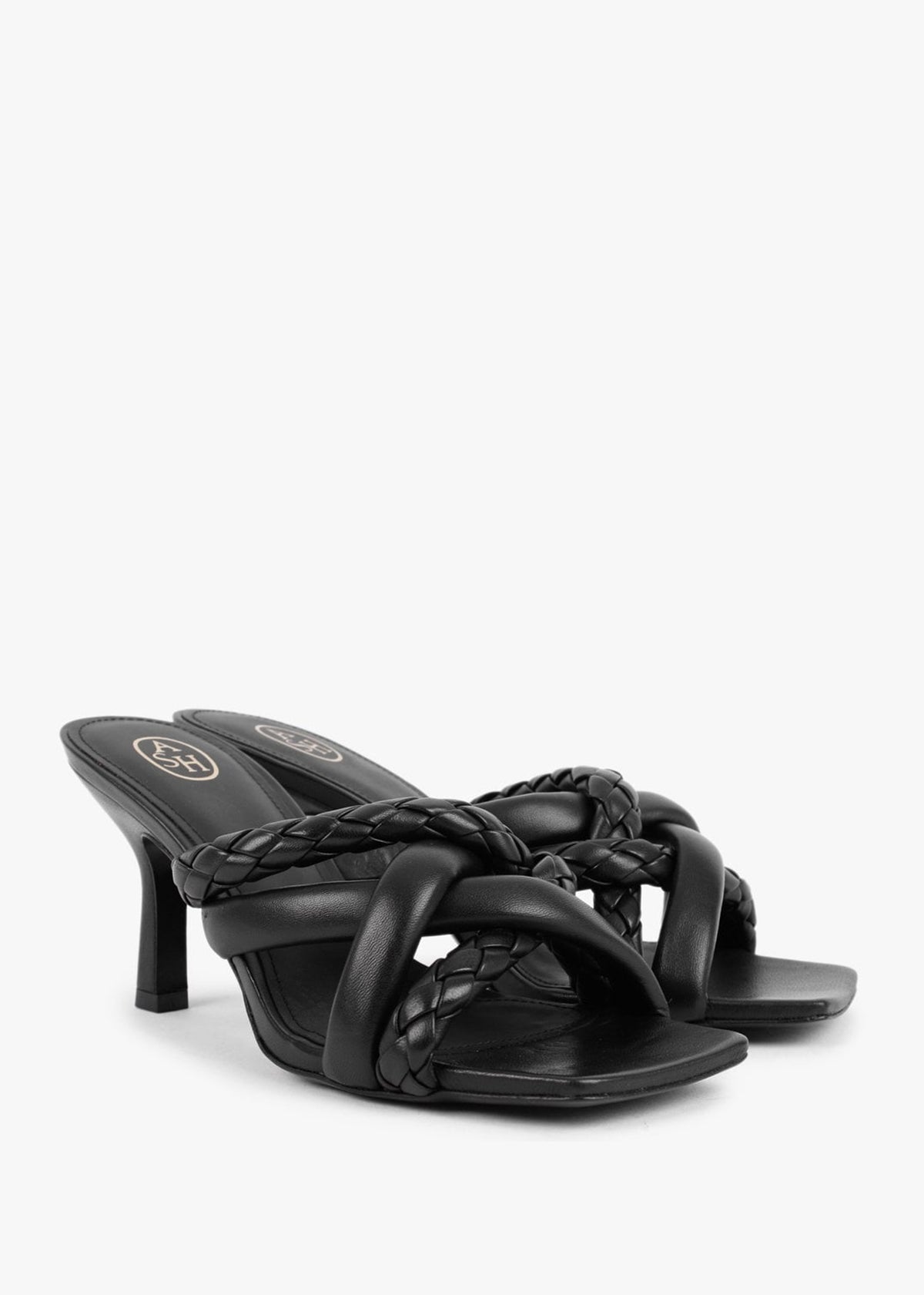 Mina Bis Black Leather Woven Heeled Mules