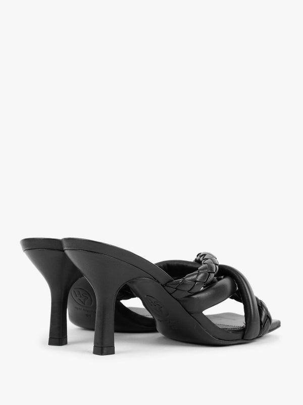 Mina Bis Black Leather Woven Heeled Mules