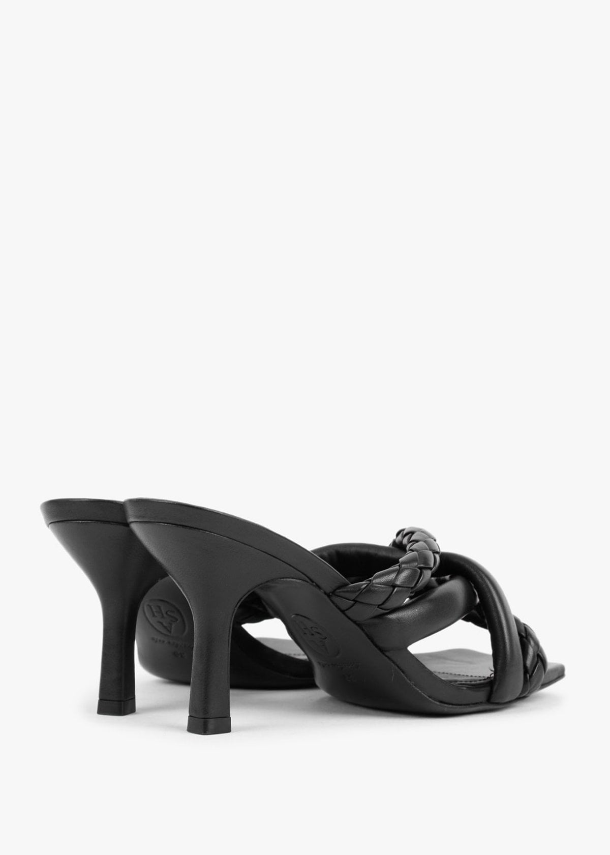 Mina Bis Black Leather Woven Heeled Mules