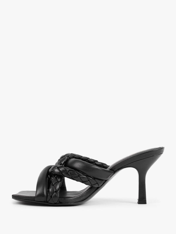 Mina Bis Black Leather Woven Heeled Mules