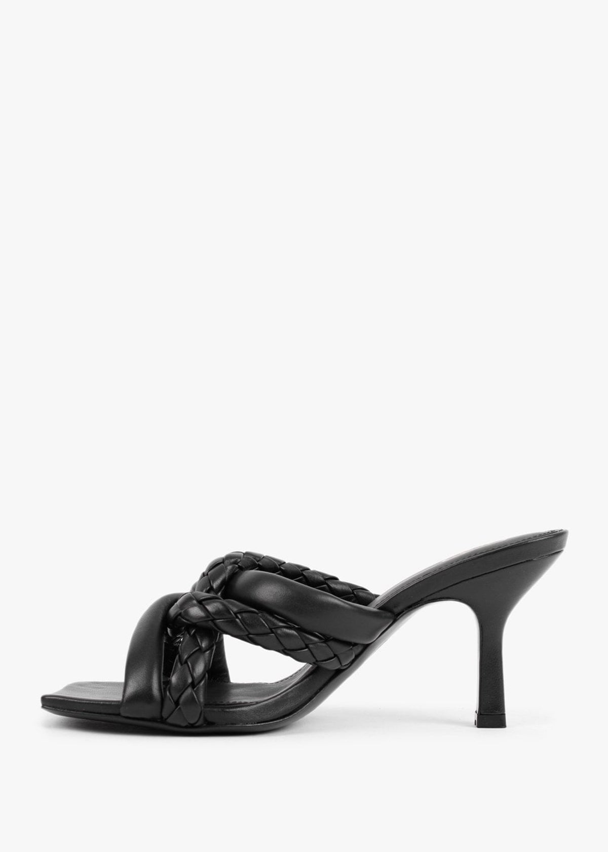 Mina Bis Black Leather Woven Heeled Mules