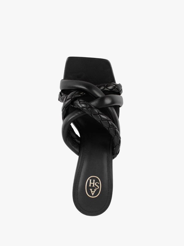 Mina Bis Black Leather Woven Heeled Mules