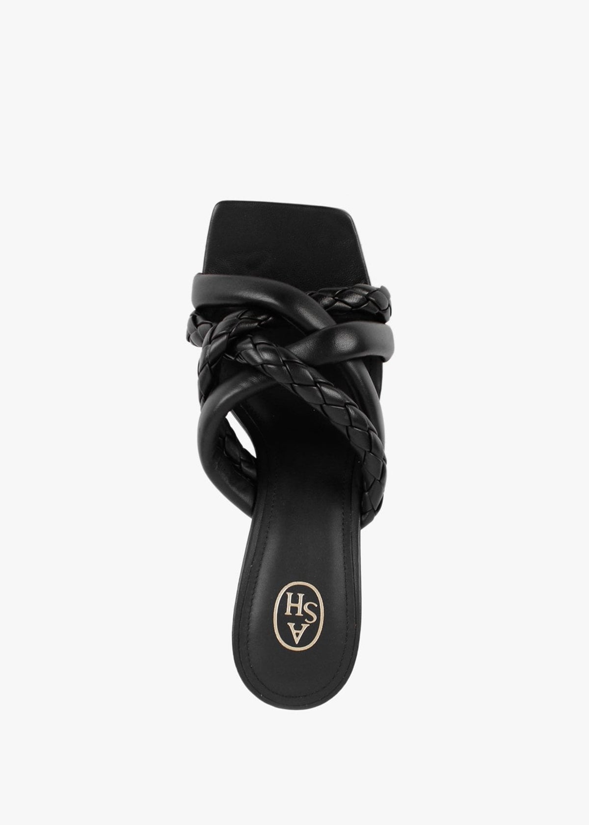 Mina Bis Black Leather Woven Heeled Mules