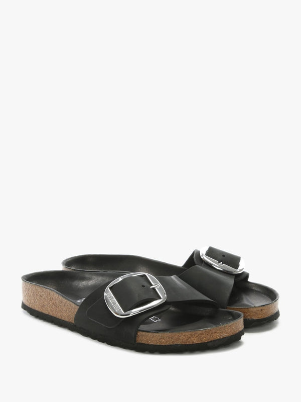 Madrid Big Buckle Black Leather Mules