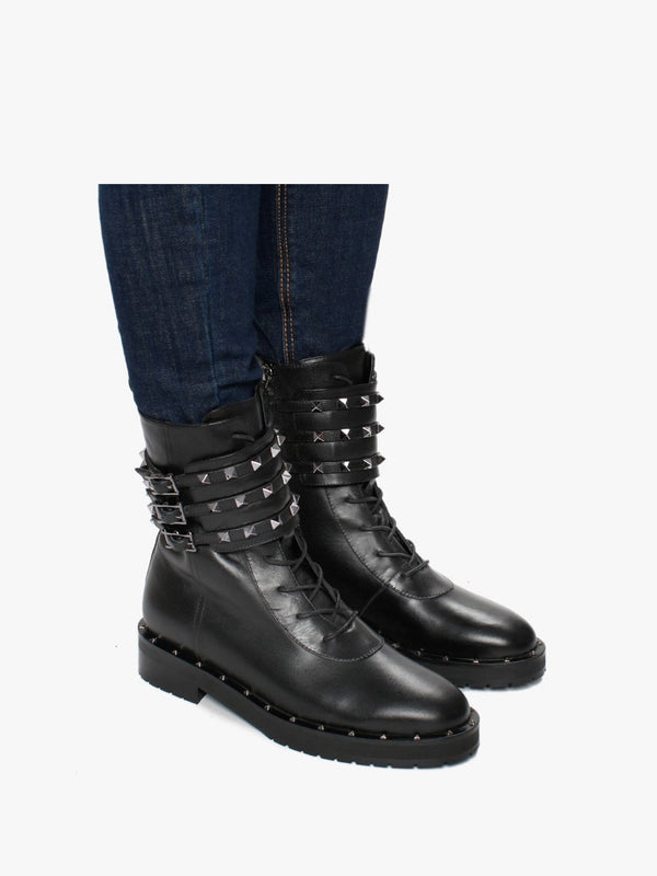 Plano Black Leather Studded Biker Boots