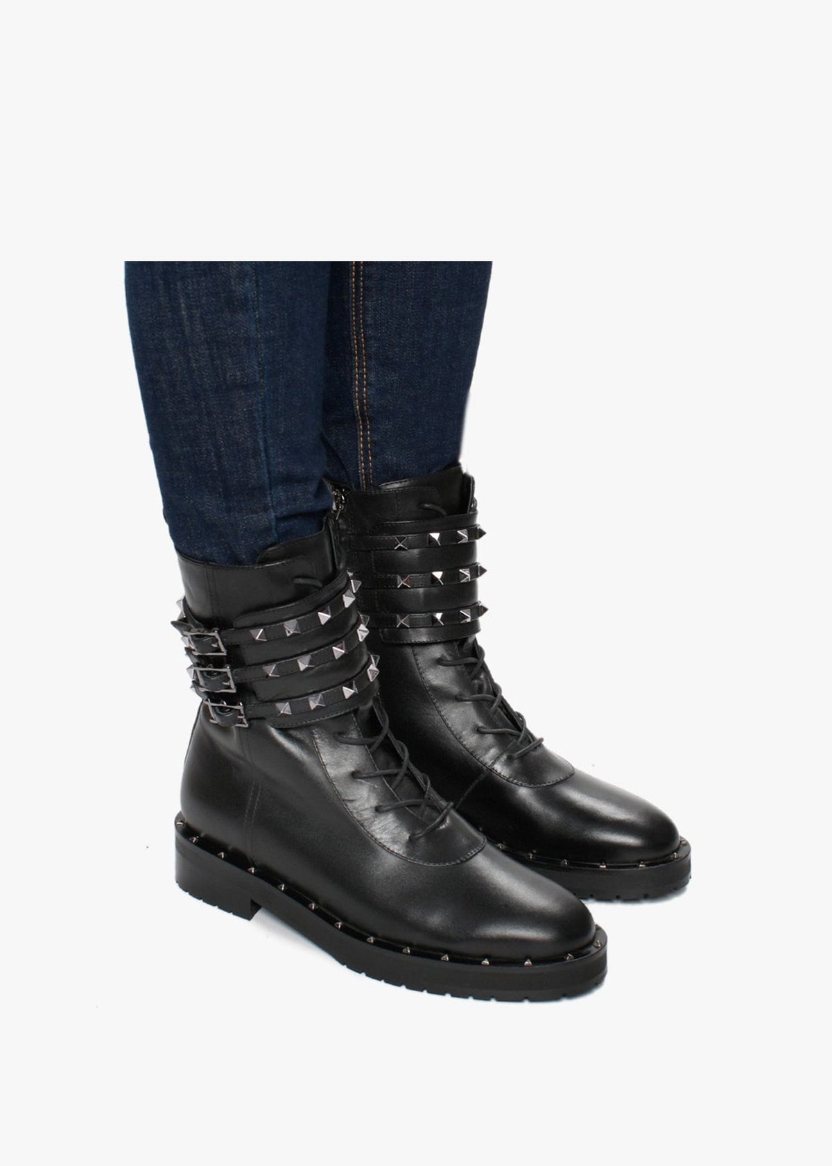Plano Black Leather Studded Biker Boots