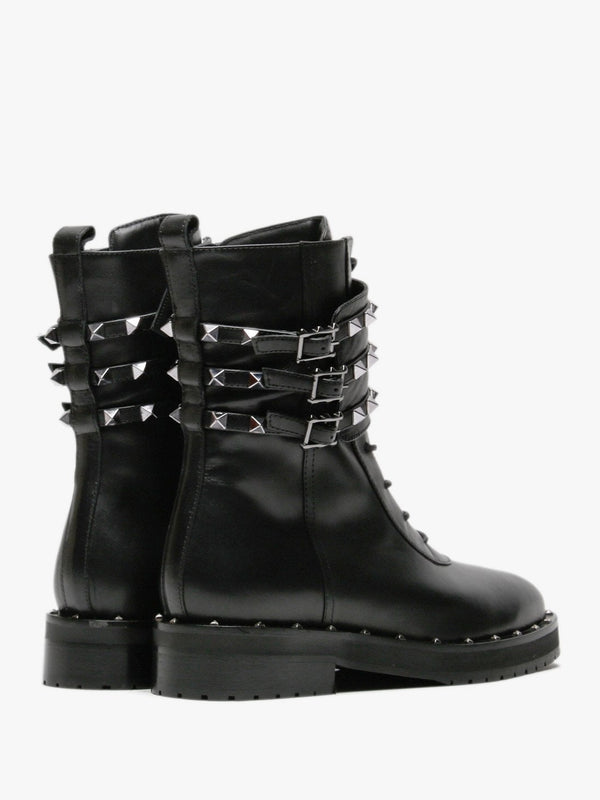 Plano Black Leather Studded Biker Boots