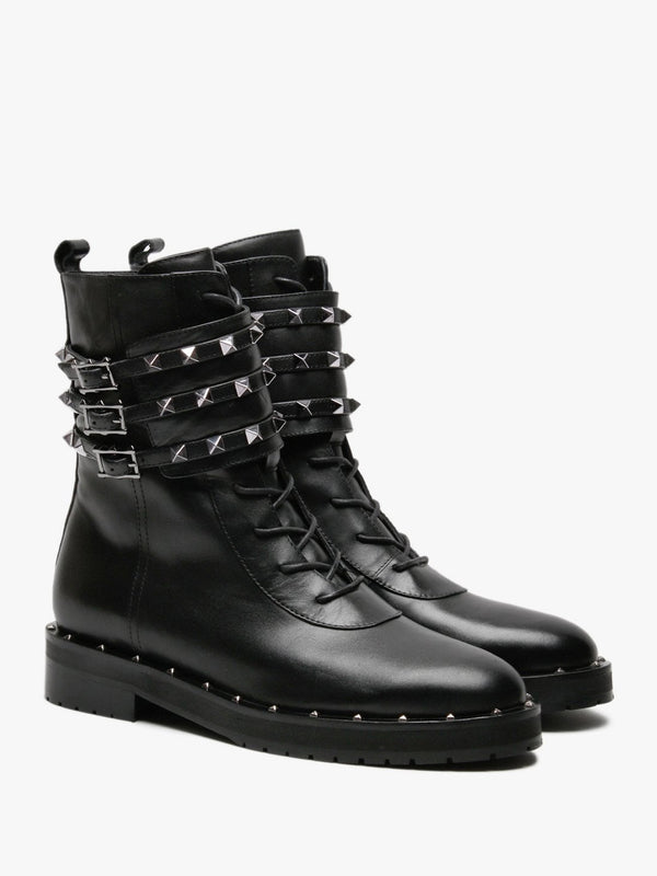 Plano Black Leather Studded Biker Boots