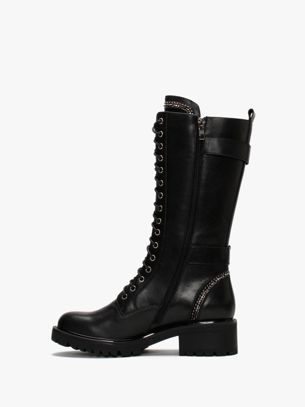 Pace Black Leather Embellished Calf Boots
