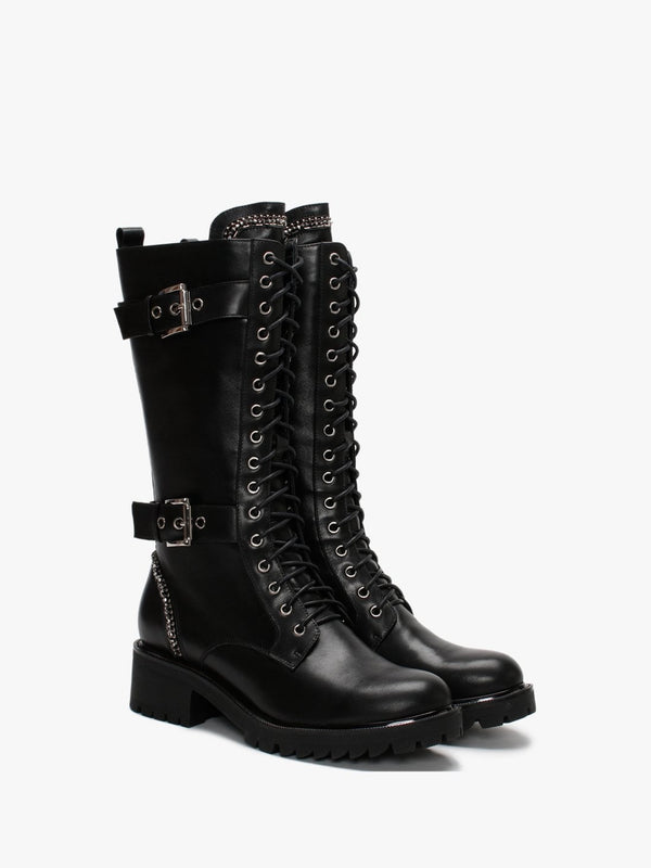 Pace Black Leather Embellished Calf Boots