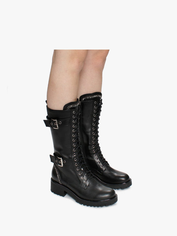 Pace Black Leather Embellished Calf Boots