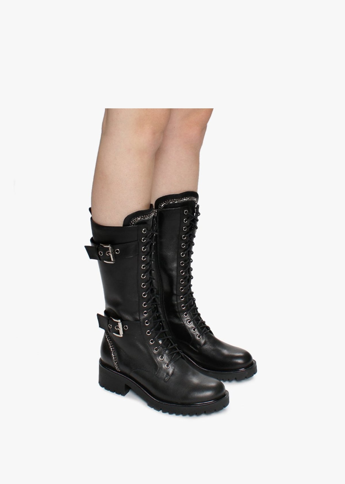 Pace Black Leather Embellished Calf Boots