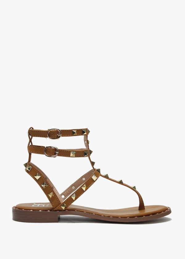 Cube Tan Square Studded Gladiator Sandals