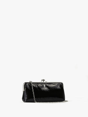 Crinkle Vegan Black Double Frame Purse On A Chain