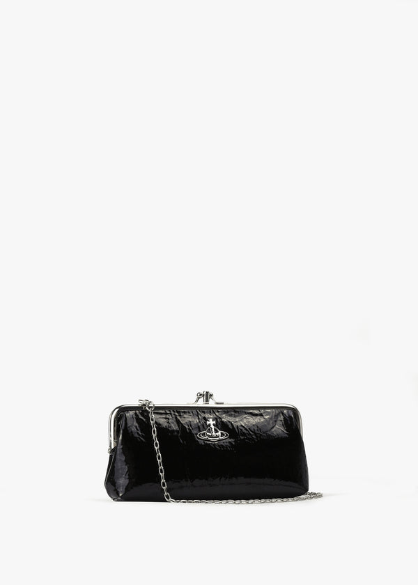 Crinkle Vegan Black Double Frame Purse On A Chain