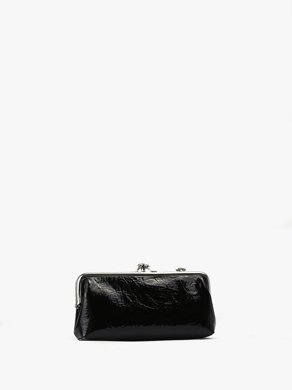 Crinkle Vegan Black Double Frame Purse On A Chain