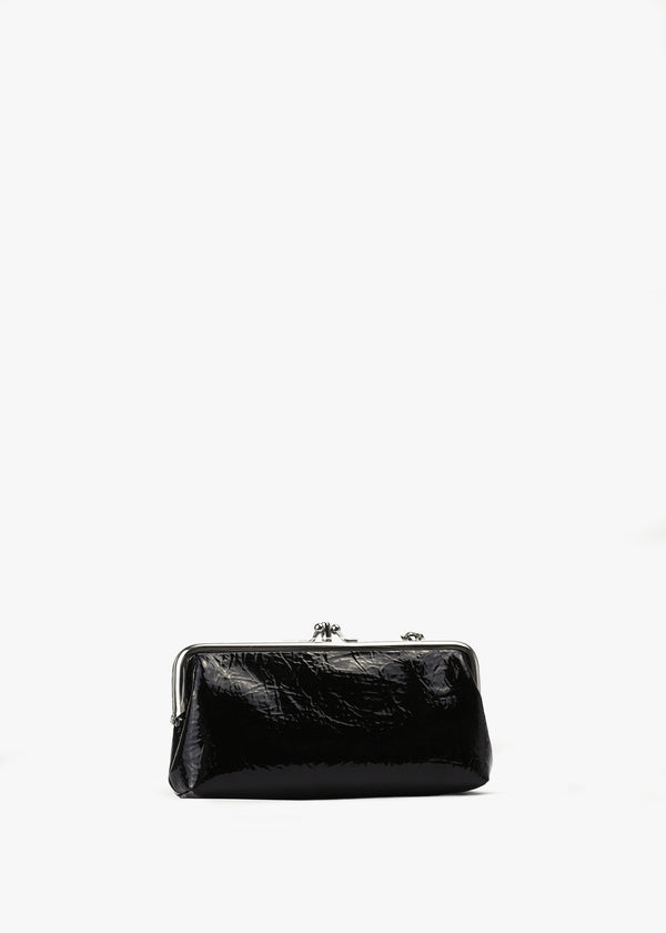 Crinkle Vegan Black Double Frame Purse On A Chain