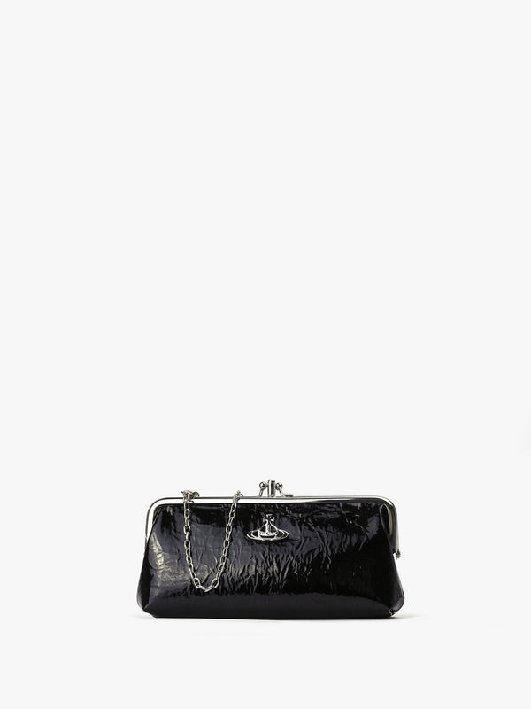 Crinkle Vegan Black Double Frame Purse On A Chain