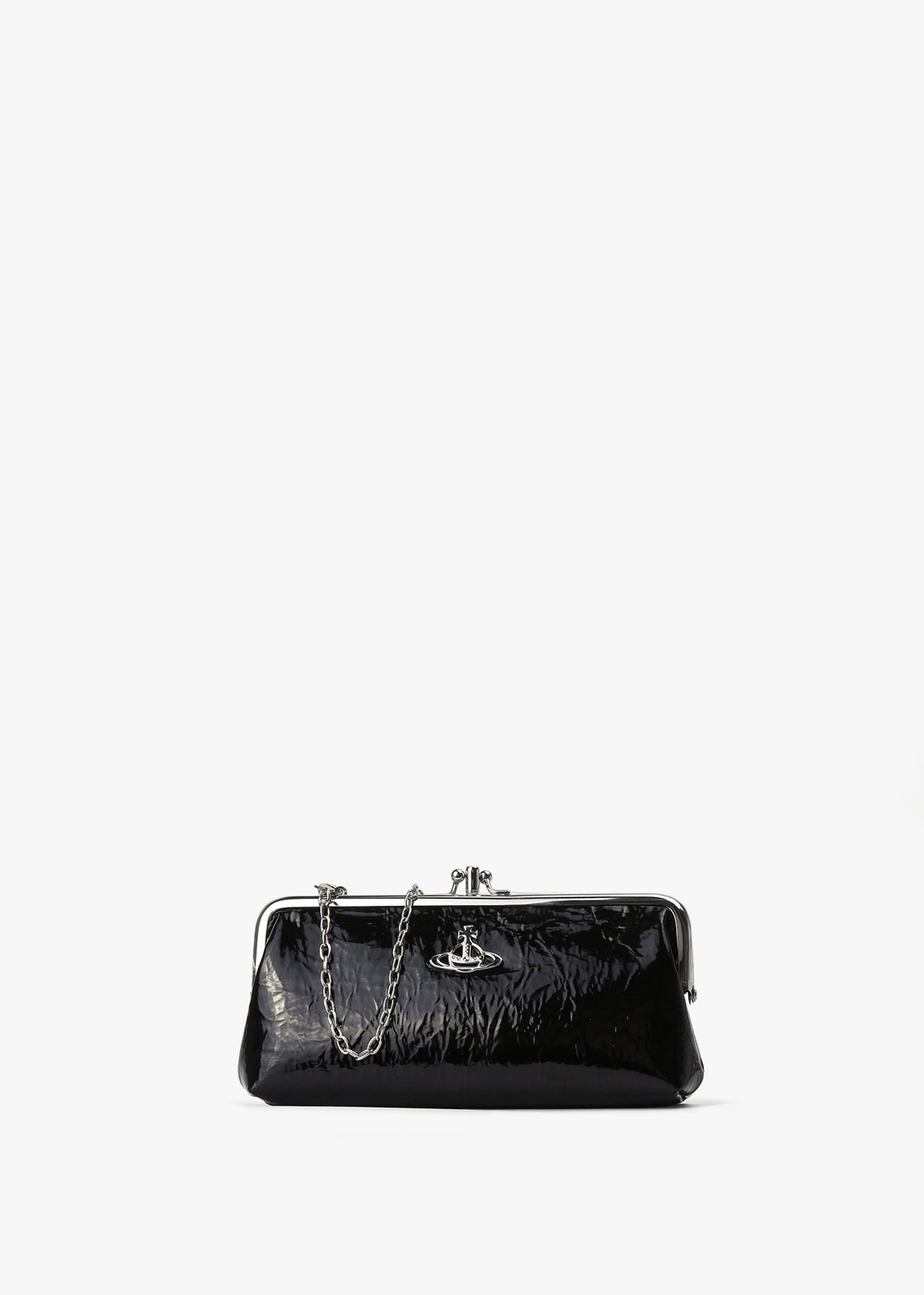 Crinkle Vegan Black Double Frame Purse On A Chain