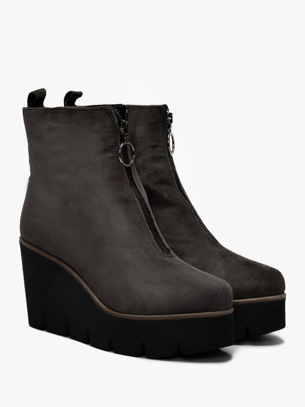 Hamal Grey Suede Zip Front Wedge Ankle Boots