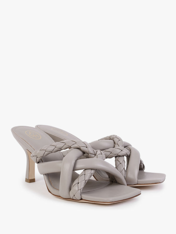 Mina Bis Pearl Grey Leather Woven Heeled Mules