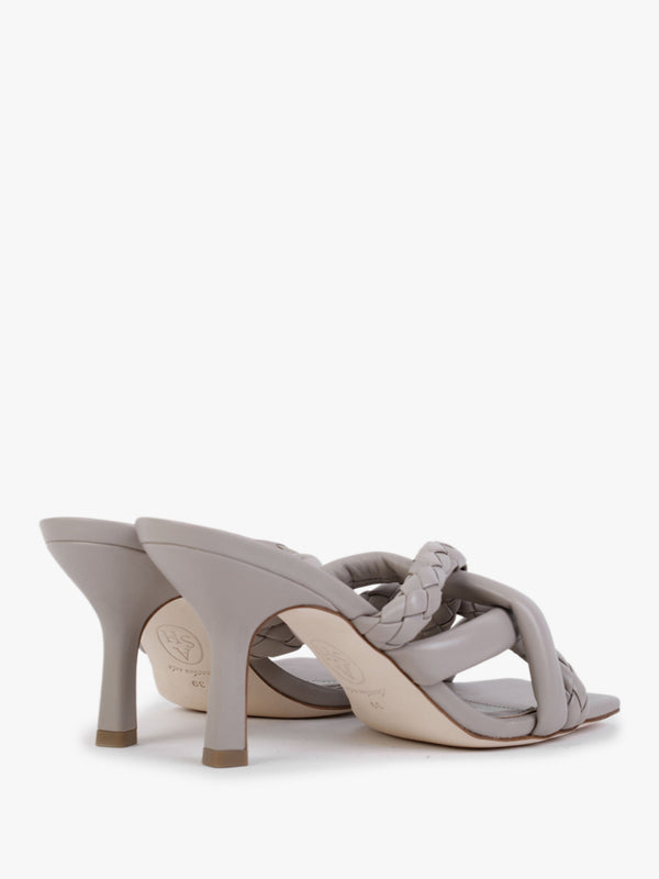 Mina Bis Pearl Grey Leather Woven Heeled Mules