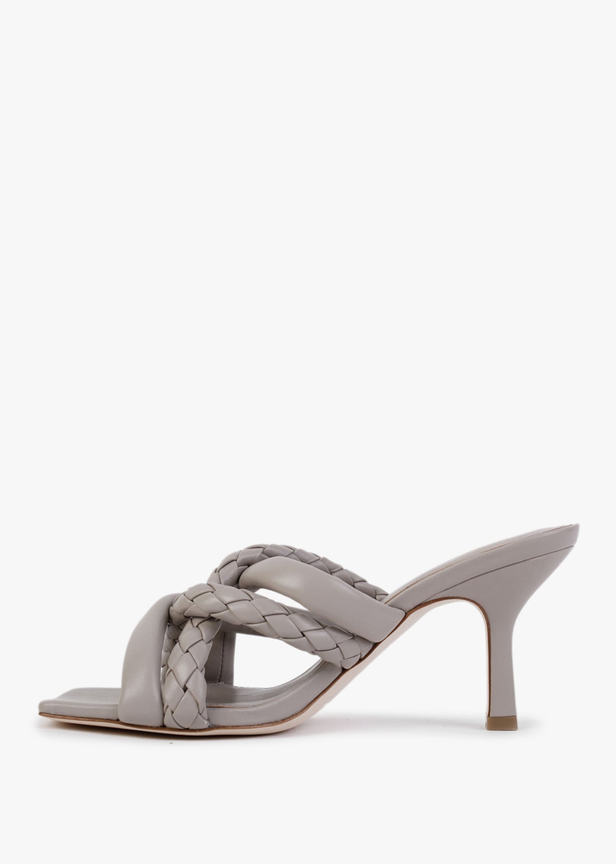 Mina Bis Pearl Grey Leather Woven Heeled Mules