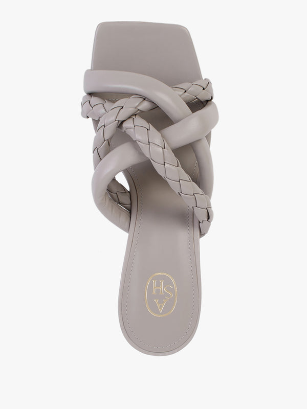 Mina Bis Pearl Grey Leather Woven Heeled Mules